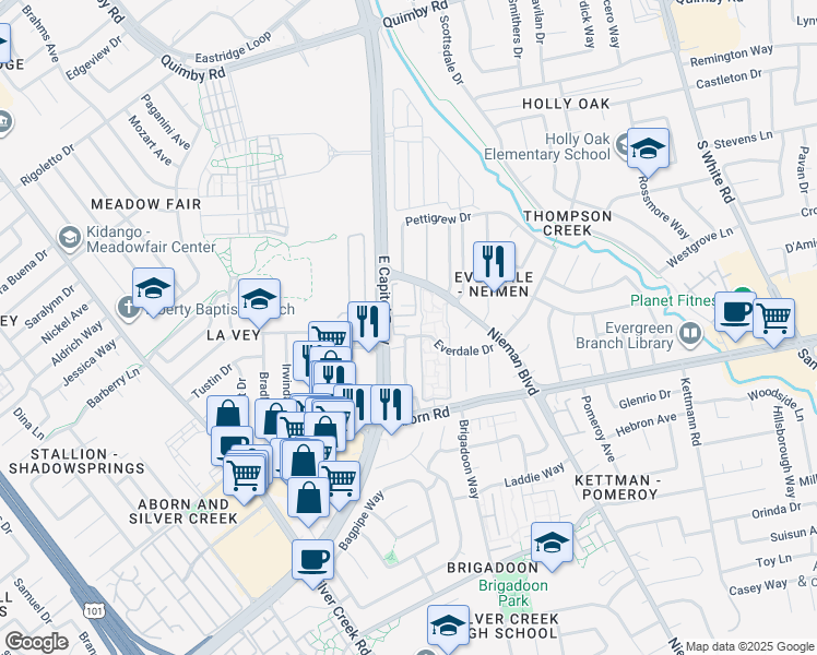 map of restaurants, bars, coffee shops, grocery stores, and more near 3219 Rocky Water Lane in San Jose