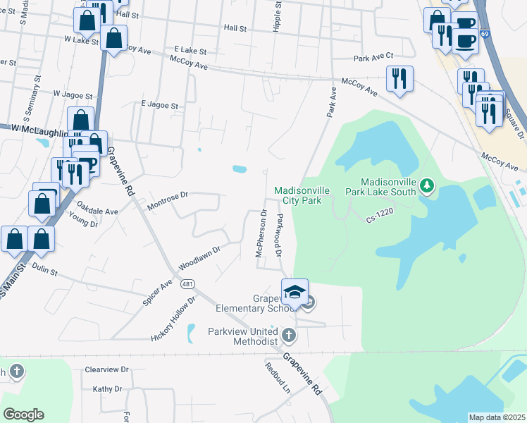 map of restaurants, bars, coffee shops, grocery stores, and more near 999 Woodlawn Drive in Madisonville