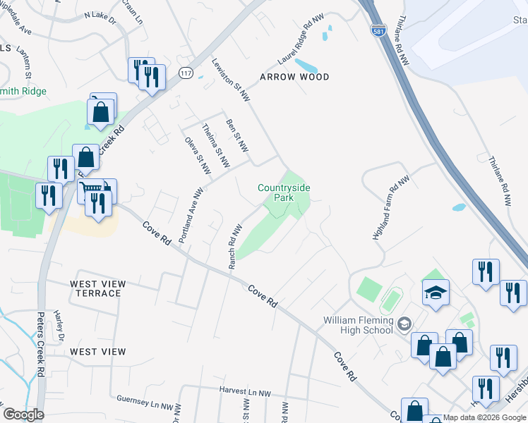 map of restaurants, bars, coffee shops, grocery stores, and more near 2307 Ranch Rd NW in Roanoke