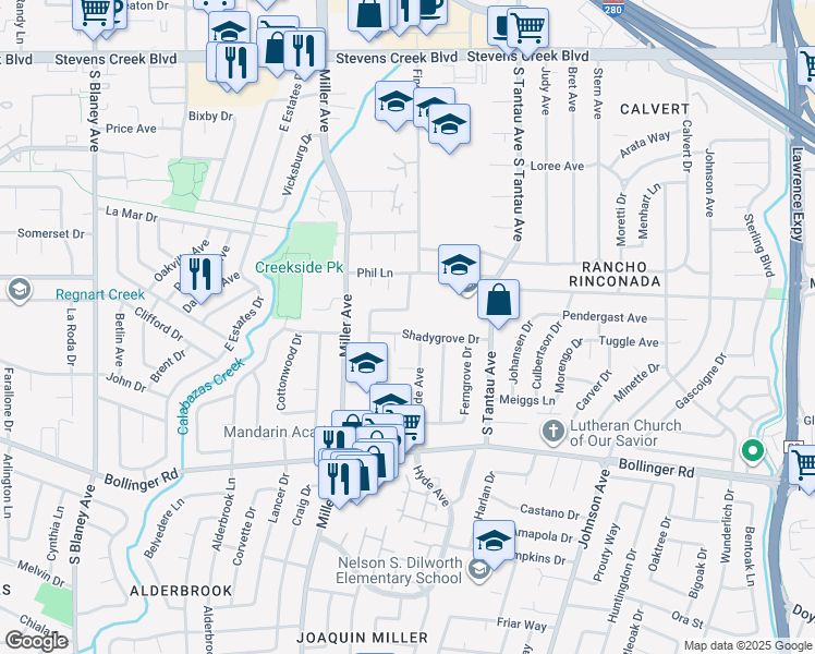map of restaurants, bars, coffee shops, grocery stores, and more near 6179 Shadygrove Drive in Cupertino