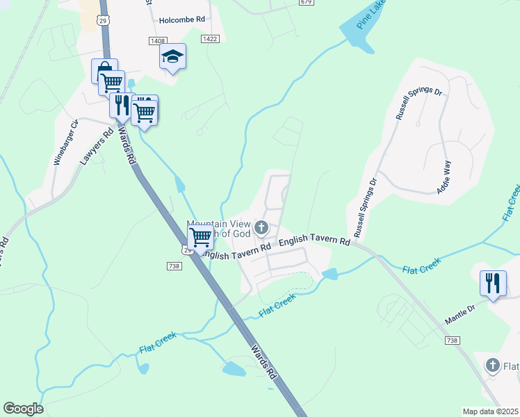 map of restaurants, bars, coffee shops, grocery stores, and more near 66 Old Tavern Circle in Lynchburg