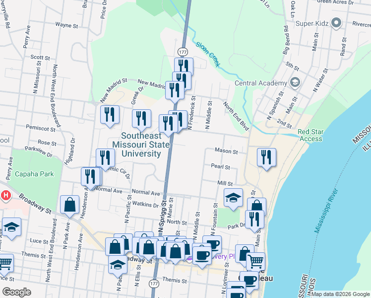 map of restaurants, bars, coffee shops, grocery stores, and more near 610 Lafayette Place in Cape Girardeau