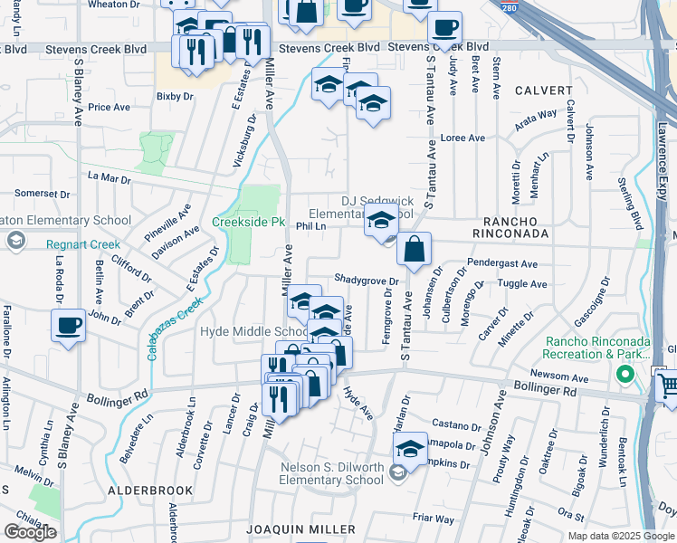 map of restaurants, bars, coffee shops, grocery stores, and more near 6179 Shadygrove Drive in Cupertino