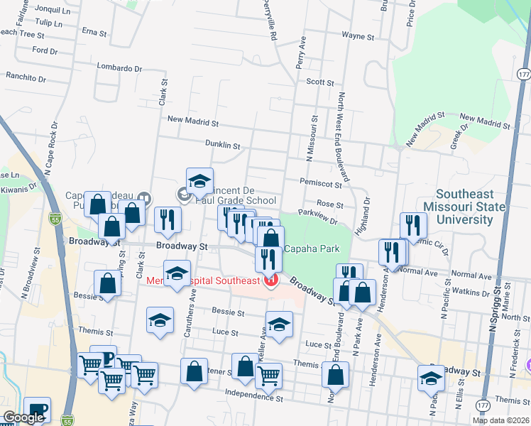 map of restaurants, bars, coffee shops, grocery stores, and more near 701 Perry Avenue in Cape Girardeau
