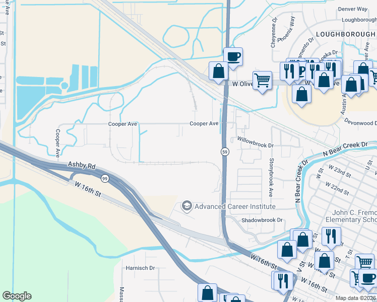 map of restaurants, bars, coffee shops, grocery stores, and more near 2773 North State Highway 59 in Merced