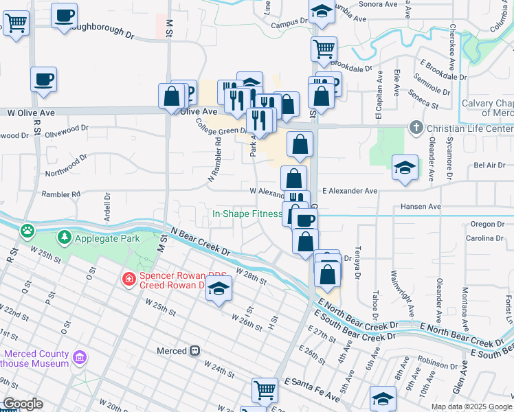 map of restaurants, bars, coffee shops, grocery stores, and more near 2856 Park Avenue in Merced