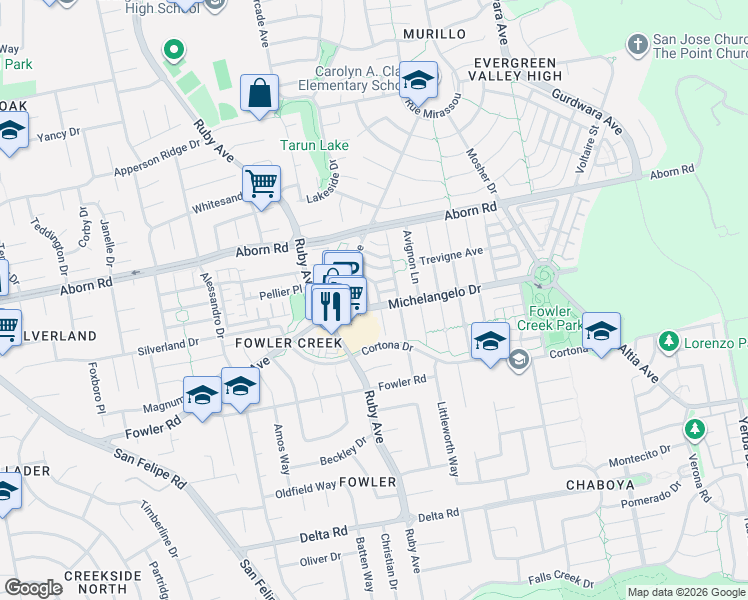 map of restaurants, bars, coffee shops, grocery stores, and more near 4016 Chamberer Drive in San Jose