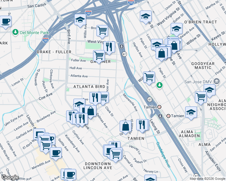 map of restaurants, bars, coffee shops, grocery stores, and more near 517 Willow Street in San Jose