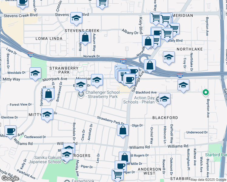 map of restaurants, bars, coffee shops, grocery stores, and more near 717 Hickory Way in San Jose