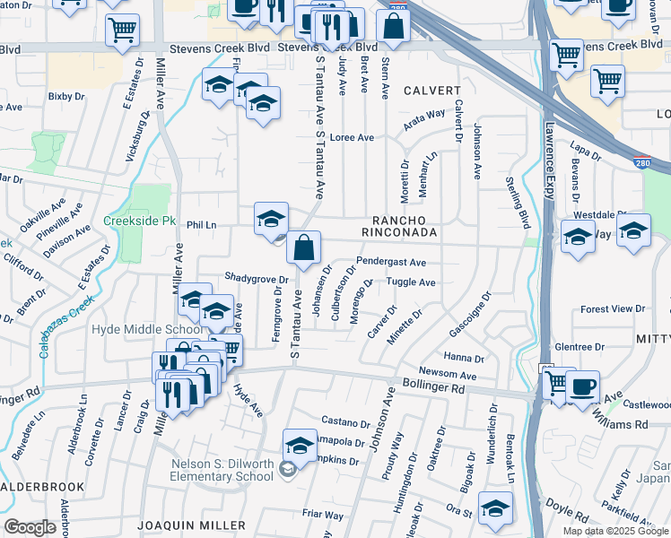 map of restaurants, bars, coffee shops, grocery stores, and more near 10611 Culbertson Drive in Cupertino