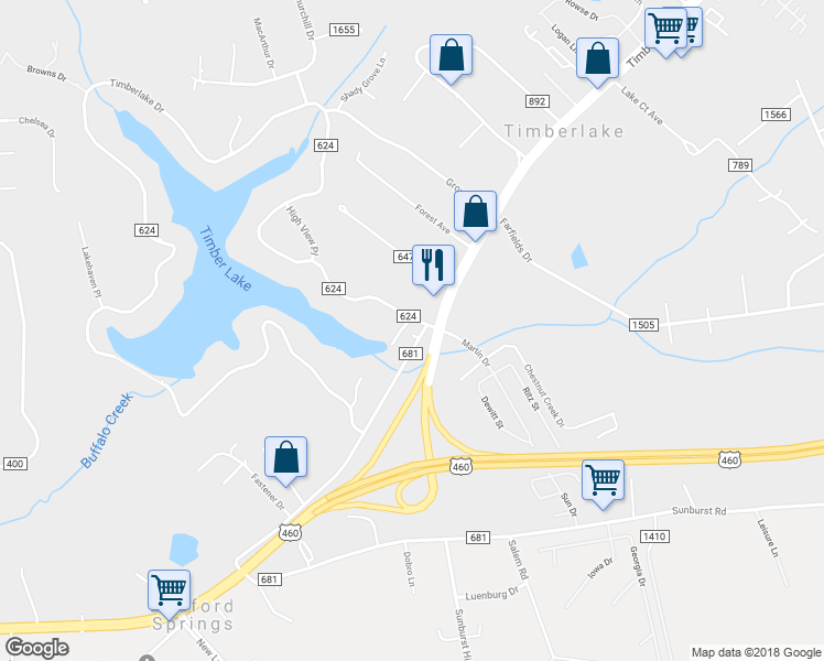 map of restaurants, bars, coffee shops, grocery stores, and more near 33 Old Plantation Drive in Lynchburg