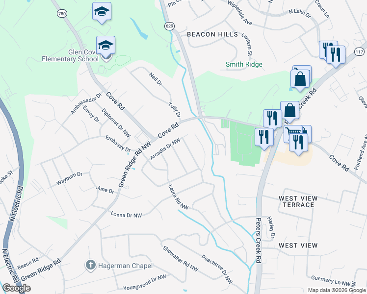 map of restaurants, bars, coffee shops, grocery stores, and more near 2436 Bermuda Road Northwest in Roanoke