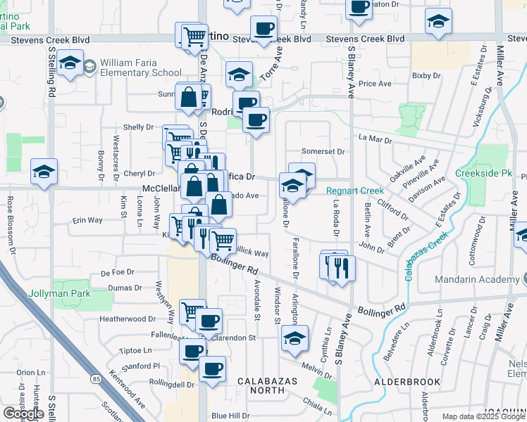 map of restaurants, bars, coffee shops, grocery stores, and more near 10581 Whitney Way in Cupertino