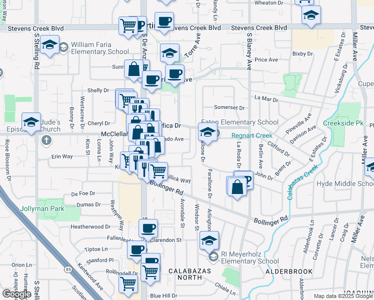 map of restaurants, bars, coffee shops, grocery stores, and more near 10581 Whitney Way in Cupertino