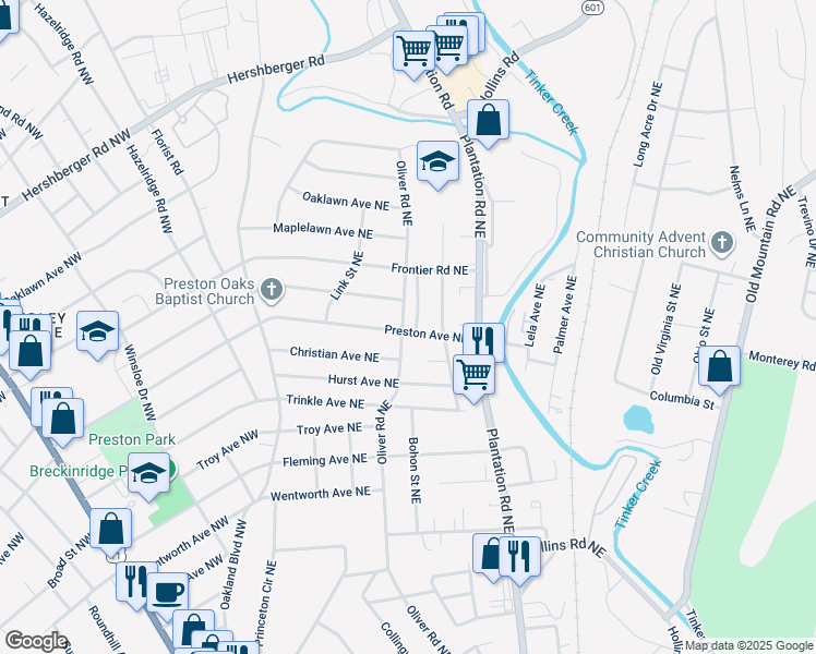 map of restaurants, bars, coffee shops, grocery stores, and more near 302 Preston Avenue Northeast in Roanoke