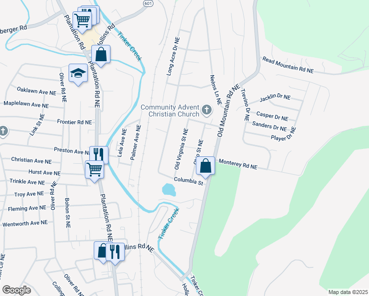 map of restaurants, bars, coffee shops, grocery stores, and more near 4421 Old Virginia Street Northeast in Roanoke