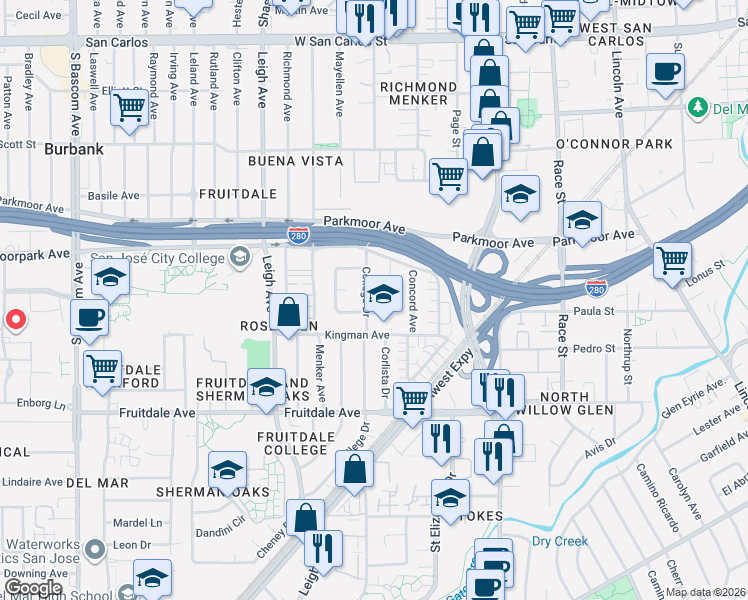 map of restaurants, bars, coffee shops, grocery stores, and more near 742 Chatsworth Place in San Jose