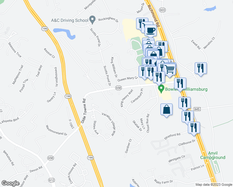 map of restaurants, bars, coffee shops, grocery stores, and more near 2 Logan Place in Williamsburg