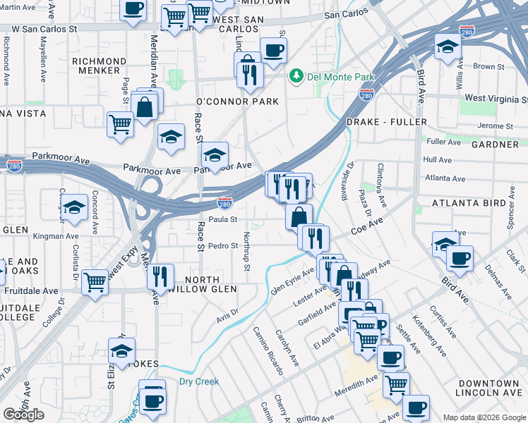 map of restaurants, bars, coffee shops, grocery stores, and more near 871 Paula Street in San Jose