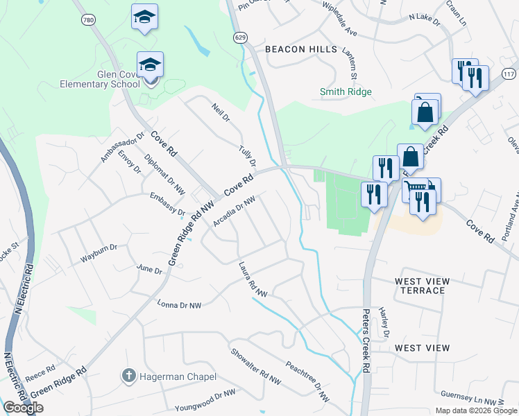 map of restaurants, bars, coffee shops, grocery stores, and more near 2436 Bermuda Road Northwest in Roanoke