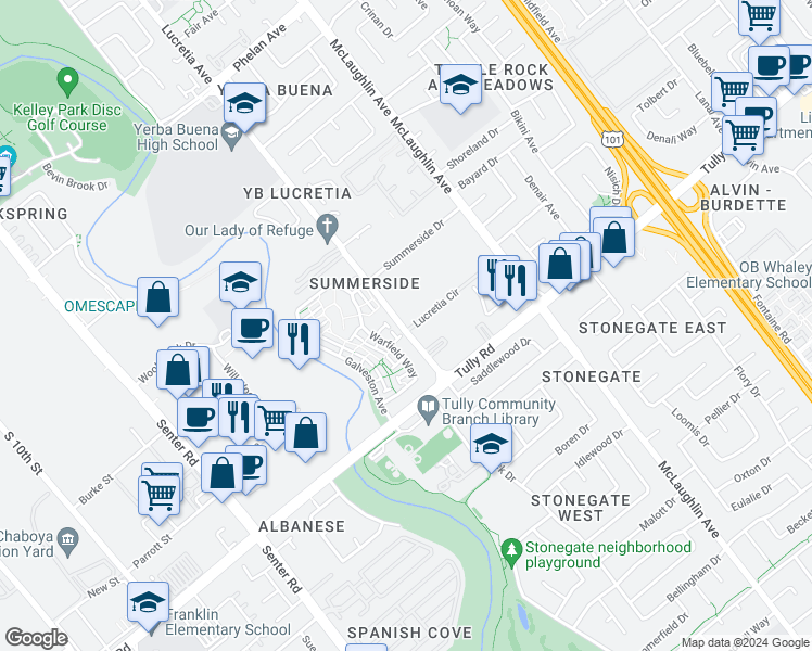 map of restaurants, bars, coffee shops, grocery stores, and more near 2300 Lucretia Avenue in San Jose
