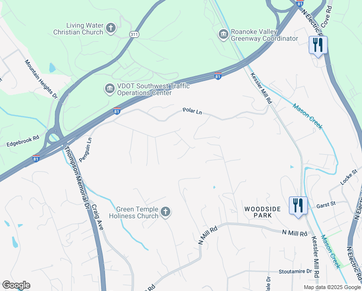 map of restaurants, bars, coffee shops, grocery stores, and more near 1105 Mountainview Drive in Salem