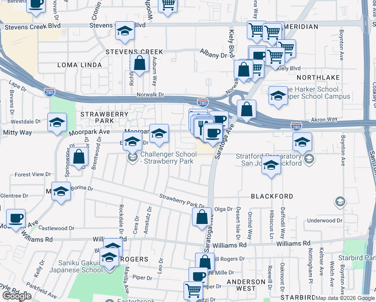 map of restaurants, bars, coffee shops, grocery stores, and more near 4361 Blackford Avenue in San Jose