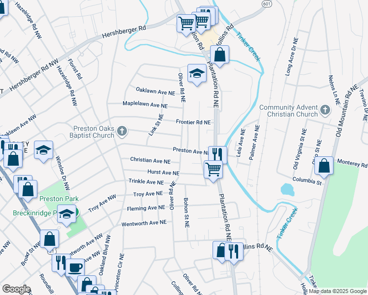 map of restaurants, bars, coffee shops, grocery stores, and more near 302 Preston Avenue Northeast in Roanoke