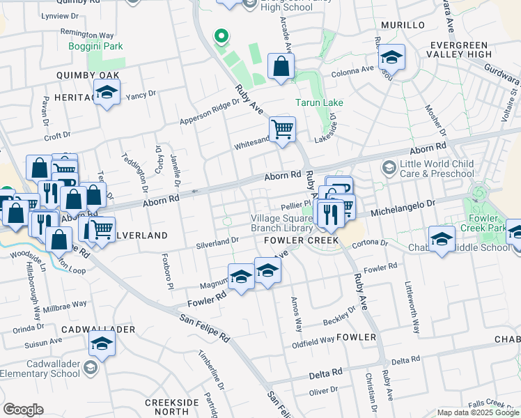 map of restaurants, bars, coffee shops, grocery stores, and more near 3111 White Riesling Place in San Jose