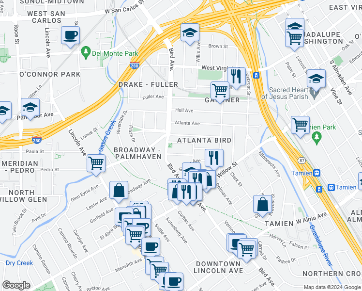 map of restaurants, bars, coffee shops, grocery stores, and more near 554 Fisk Avenue in San Jose