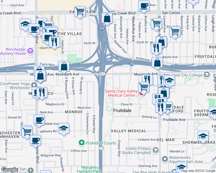 map of restaurants, bars, coffee shops, grocery stores, and more near 764 Teatree Court in San Jose