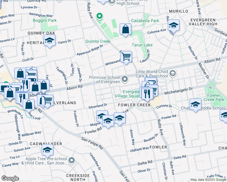 map of restaurants, bars, coffee shops, grocery stores, and more near 3111 Mattique Drive in San Jose