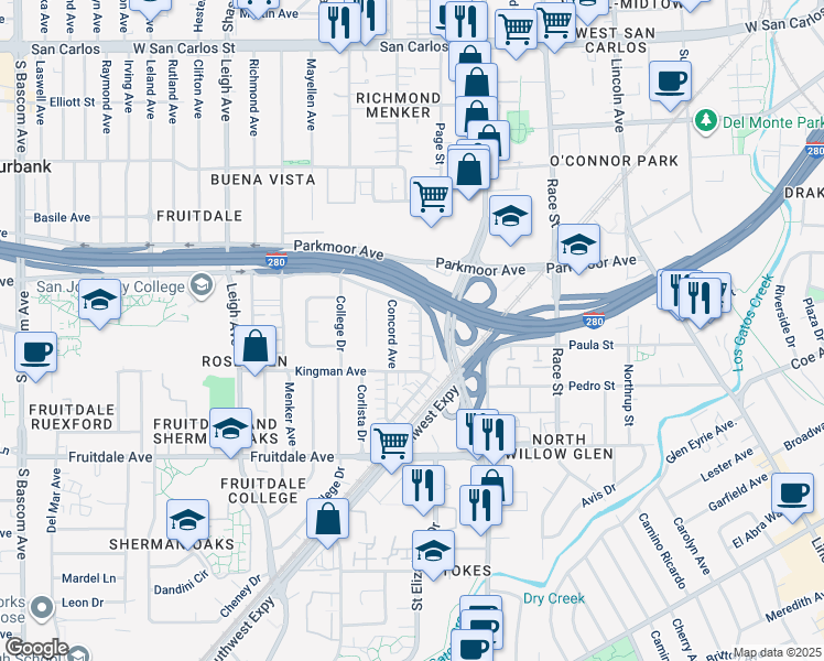 map of restaurants, bars, coffee shops, grocery stores, and more near 770 Concord Avenue in San Jose