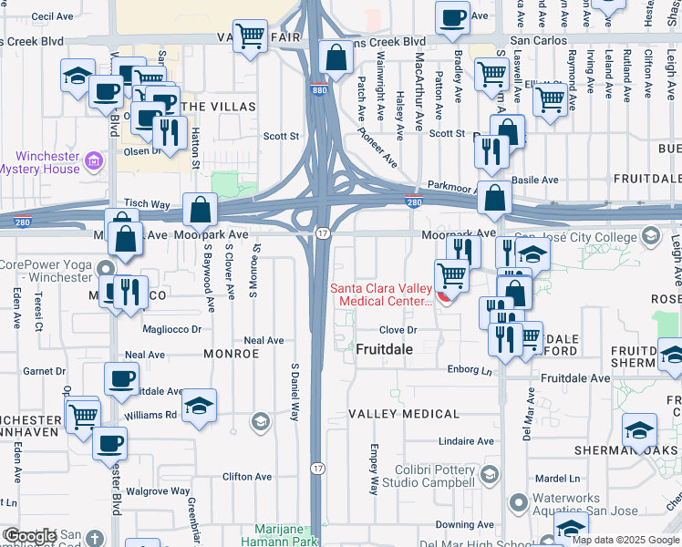 map of restaurants, bars, coffee shops, grocery stores, and more near 870 Catkin Court in San Jose