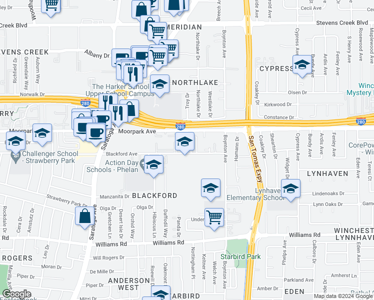 map of restaurants, bars, coffee shops, grocery stores, and more near 3800 Blackford Avenue in San Jose
