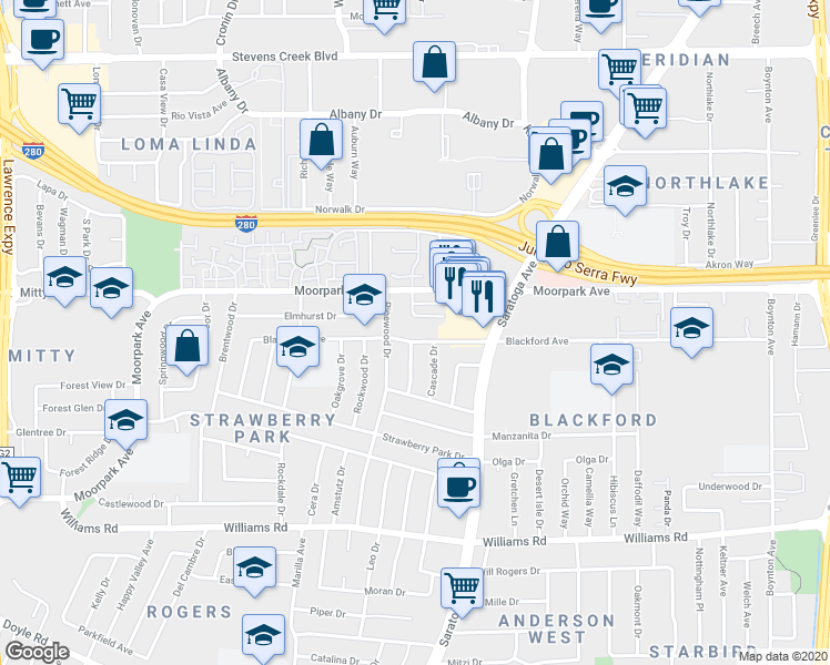 map of restaurants, bars, coffee shops, grocery stores, and more near 717 Hickory Way in San Jose