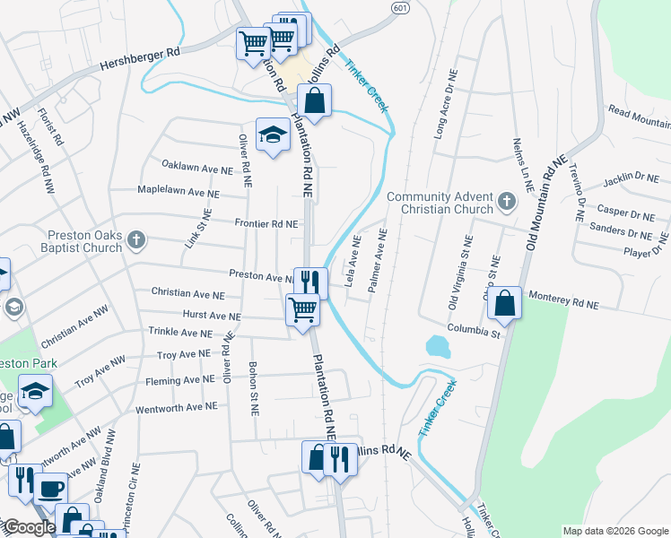 map of restaurants, bars, coffee shops, grocery stores, and more near 402 Columbia Street Northeast in Roanoke