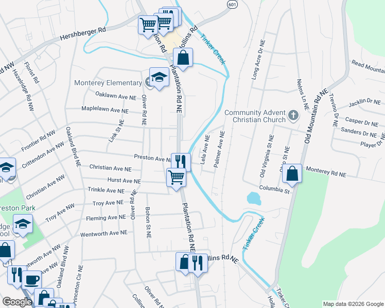 map of restaurants, bars, coffee shops, grocery stores, and more near 402 Columbia Street Northeast in Roanoke