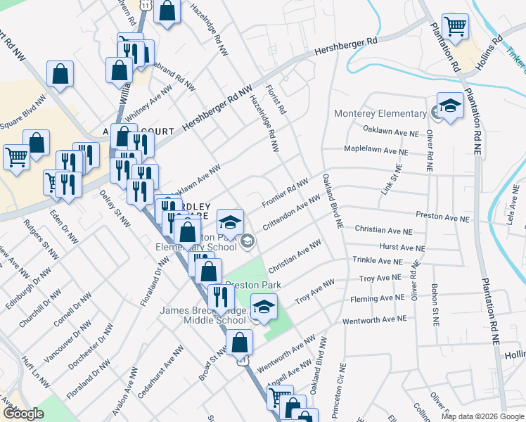 map of restaurants, bars, coffee shops, grocery stores, and more near 4369 Winsloe Drive Northwest in Roanoke