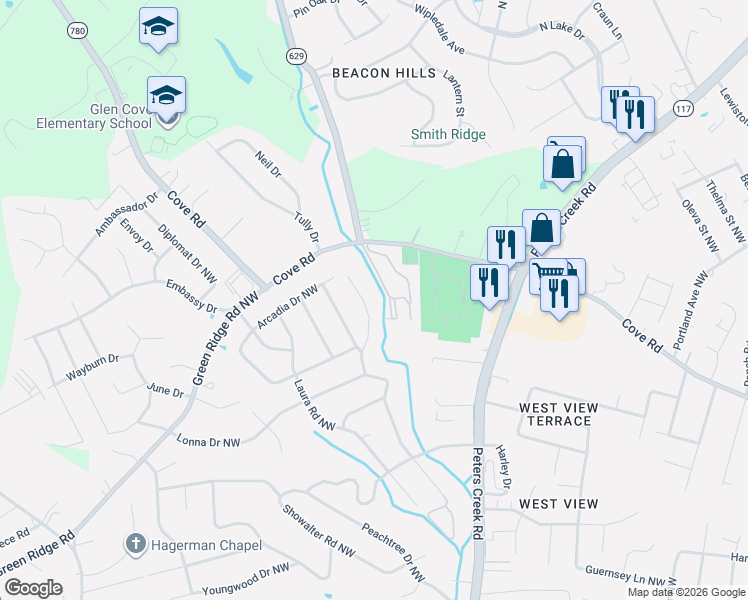 map of restaurants, bars, coffee shops, grocery stores, and more near 2423 Meadowbrook Road Northwest in Roanoke