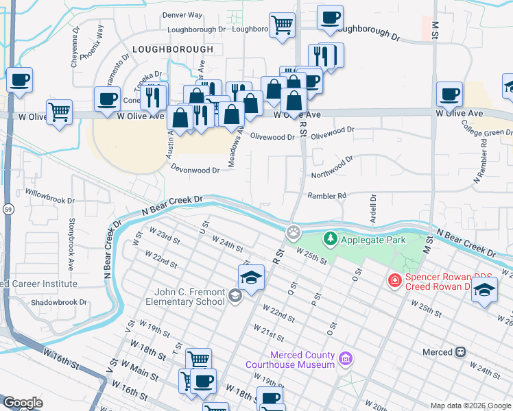 map of restaurants, bars, coffee shops, grocery stores, and more near 1165 North Bear Creek Drive in Merced