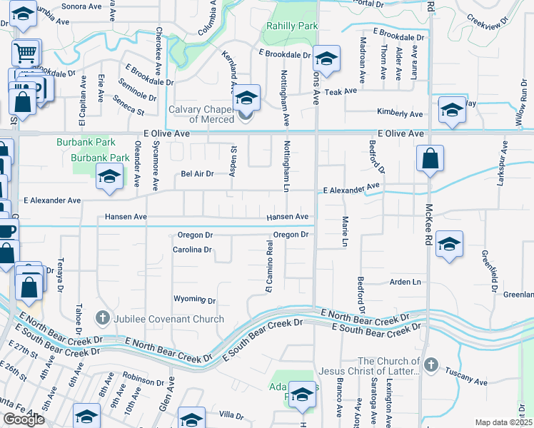 map of restaurants, bars, coffee shops, grocery stores, and more near 1449 Hansen Avenue in Merced