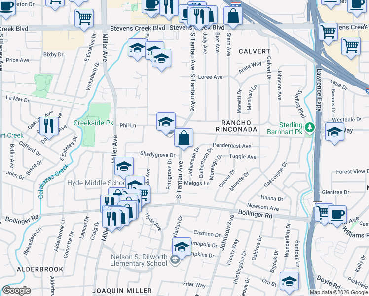 map of restaurants, bars, coffee shops, grocery stores, and more near 10570 South Tantau Avenue in Cupertino