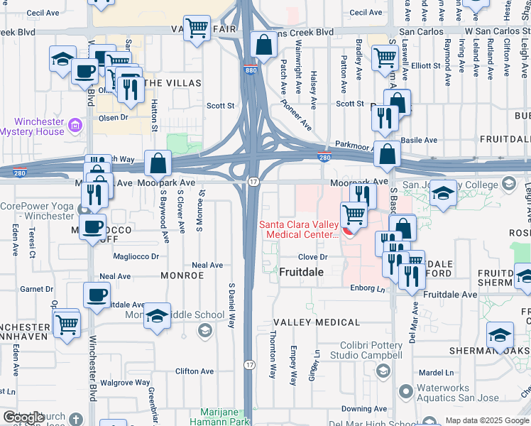 map of restaurants, bars, coffee shops, grocery stores, and more near 764 Teatree Court in San Jose