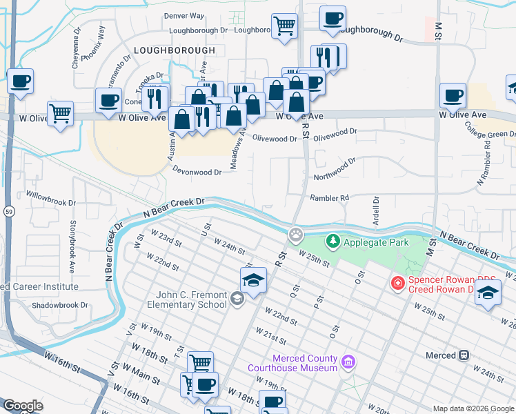 map of restaurants, bars, coffee shops, grocery stores, and more near 1165 North Bear Creek Drive in Merced