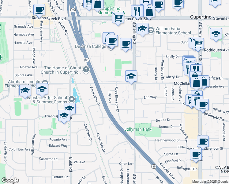 map of restaurants, bars, coffee shops, grocery stores, and more near 829 Rose Blossom Drive in Cupertino