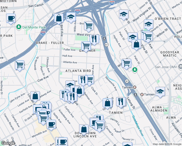 map of restaurants, bars, coffee shops, grocery stores, and more near 1003 Spencer Avenue in San Jose