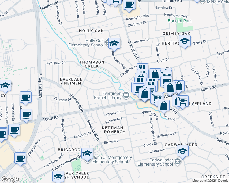 map of restaurants, bars, coffee shops, grocery stores, and more near 2436 Renfield Way in San Jose