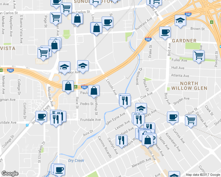 map of restaurants, bars, coffee shops, grocery stores, and more near 803 Lincoln Ave in San Jose
