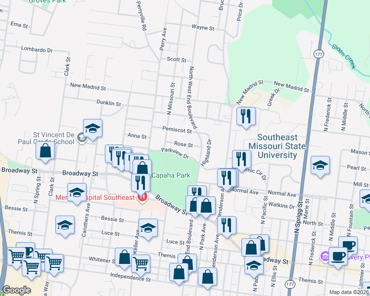 map of restaurants, bars, coffee shops, grocery stores, and more near 1435 Rose Street in Cape Girardeau